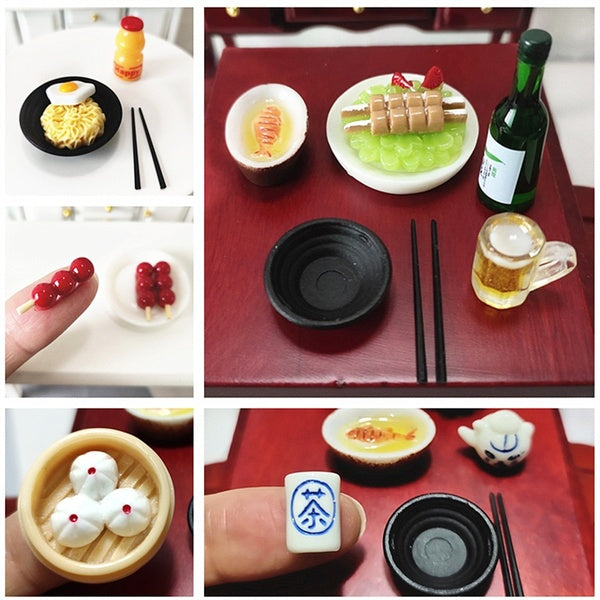 1:12 Dollhouse Mini Chinese Food Model White Wine-Beer-Tea Dim Sum Dishes Meal Miniatures Food Scene Kids Toy