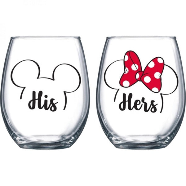 Mickey and Minnie His & Hers Stemless Wine Glass Set