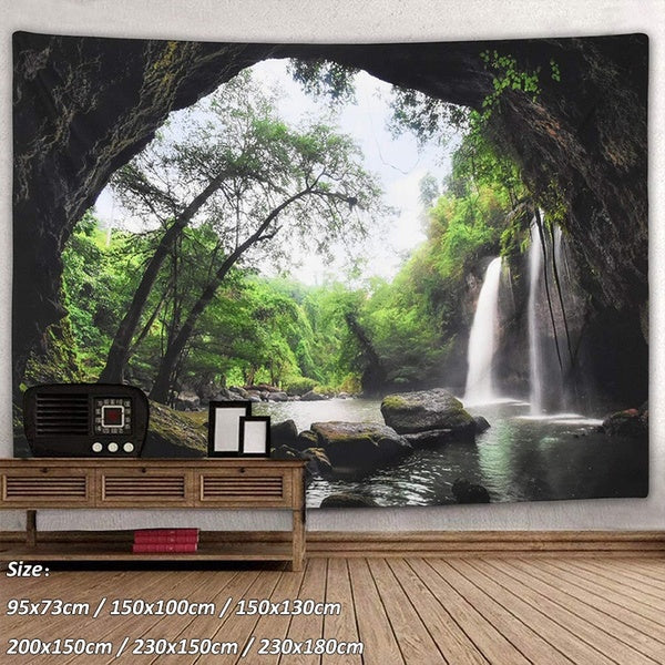 Wall Decor Tree and Waterfall Pattern Tapestry Landscape Tapestry Wall Hanging Tapestry Home Decor Background Fabric (Size:95x73cm-150x100cm-150x130c