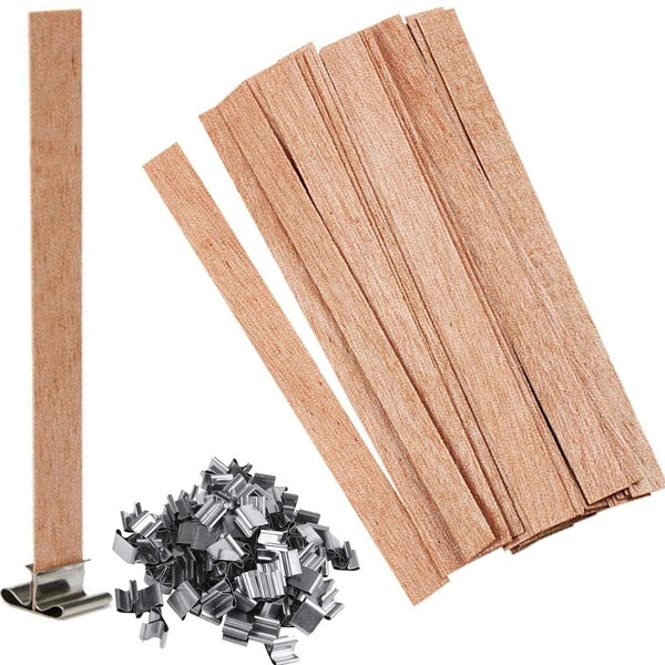 Candle Making Wicks, 10Pcs Naturally Smokeless Wooden Candle Wicks & Iron Stand Candle Cores, Wooden Natural Smokeless Wood Wicks for Candle DIY Craft