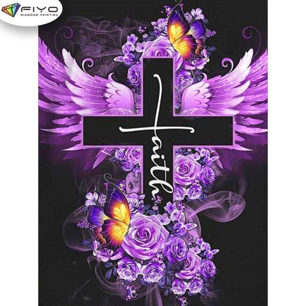 FIYO Cross Flower Wings Butterfly Diamond Painting Kits For Adults DIY 5D Diamond Mosaic Diamond Painting Home and Kitchen Fashion Canvas Pictures Wa