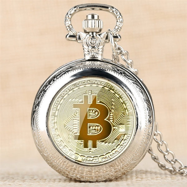 Montre de poche à quartz avec motif Bitcoin, affichage des chiffres, pendentif, horloge, collier rétro, chaîne, montre de poche