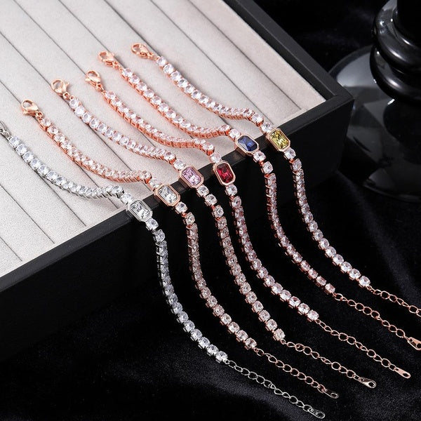 Fashion Colorful Cubic Zirconia CZ Chain Tennis Bracelet, Adjustable Lobster Buckle Square Zircon Silver Rose Gold Bracelets for Women, Female Dainty