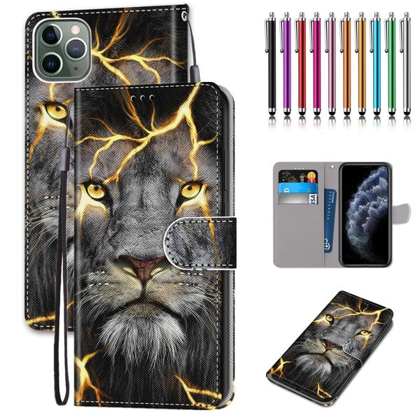 Étui portefeuille en cuir PU [fonction support] avec lanière et [3 emplacements] poche pour cartes d'identité et cartes de crédit avec stylet pour iP