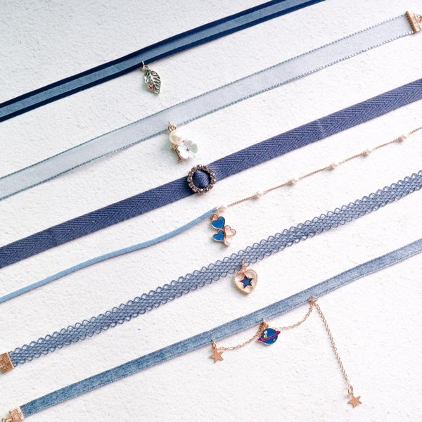 Neck chain choker collar jewelry Set for Women Velvet Choker Lace Choker blue pendant short collar chain necklace Gothic Choker Punk Lace Choker Clas