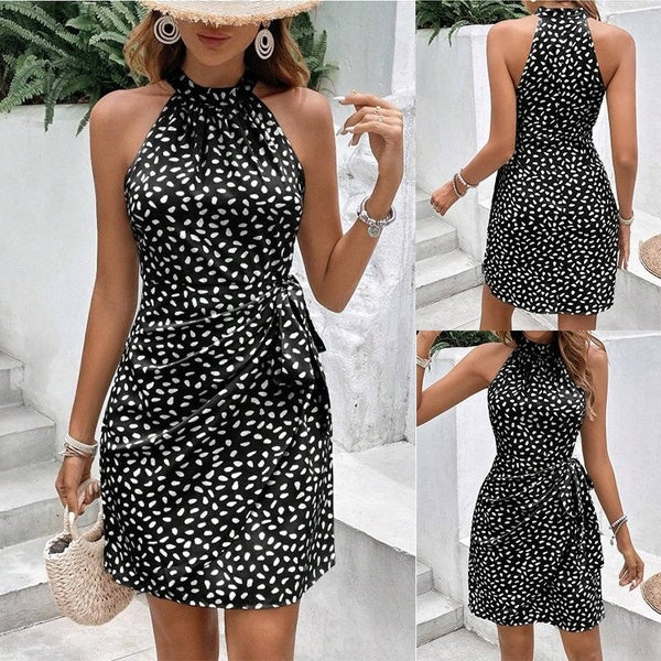 Robe à col licou imprimé partout, robe élégante sans manches pour tous les jours, vêtements pour femmes