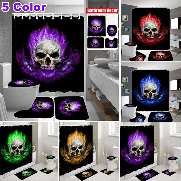 5 Colors Flame Skull Bathroom Shower Curtain Toilet Cover Mat Non-Slip Rug Set Waterproof Fabric for Home Hotel with 12 Hook(4Pcs-3Pcs-1Pcs)