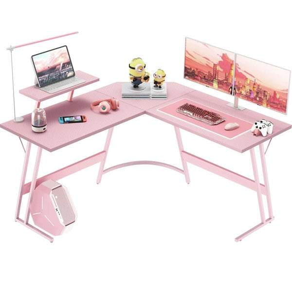 Pink Carbon Wood L Shaped Corner Desk Laptop Computer Gaming Table Monitor Riser