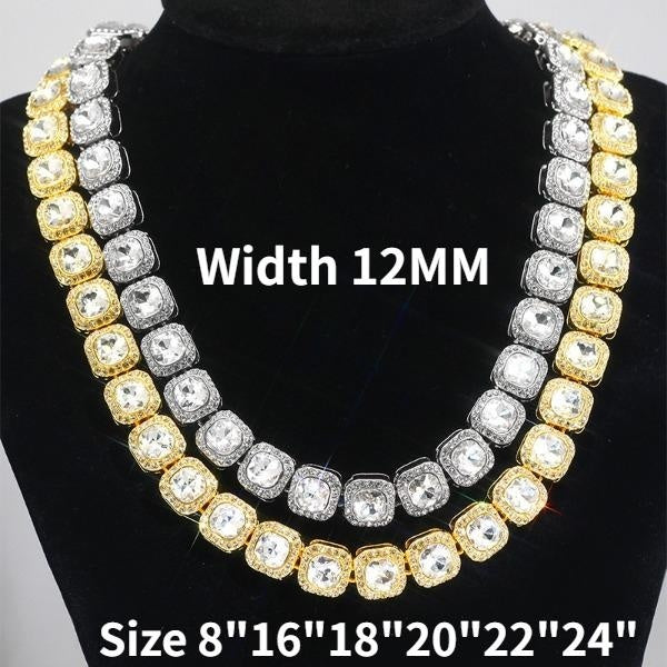 12MM Width Rock Sugar Square Chain Luxury Iced Out Cubic Zirconia Cz Tennis Choker Necklace or Bracelet for Fashion Men and Women Hip Hop Jewelry