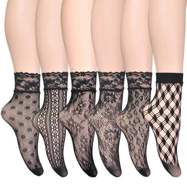 6 Pairs Women Black Socks Fishnet Lace Ruffle Socks Mesh Stockings Short Ankle Silk Soft Nylon Socks