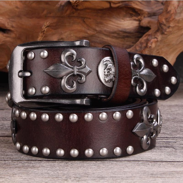 Luxury Metal Rivet Cowboy Belt Top Grain Genuine Leather Cowhide Men Belt Punk Rivet Jeans Belts for men