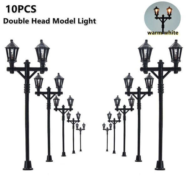 10pcs Model Railway Lamppost Lamps Street Lights Scale 12V Double Head Model Building Light Bulbs Layout Kit