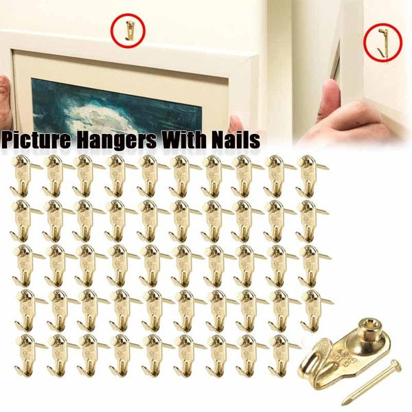 Picture Hangers Photo Frame Hanging Hooks Kit w Nails for Wall Mounting Holds 10lbs, 50Pcs