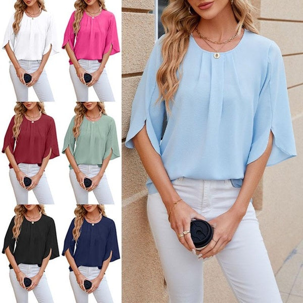 Womens Chiffon Blouses Casual Loose Short Sleeve Top T-Shirt Blouse