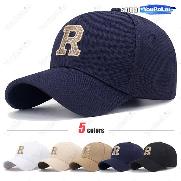 New High Quality Cotton Hard Top Baseball Cap Elastic Pineapple Cloth Material Gold Thread Embroidery Craft R Letter Design Style Dad Caps Fashion Me