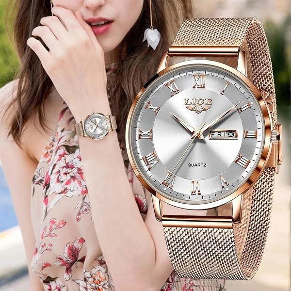 LIGE Marque Femmes Montres Ultra-mince De Luxe Quartz Montre De Mode Dames Horloge En Acier Inoxydable Étanche Calendrier Semaine Montre-Bracelet