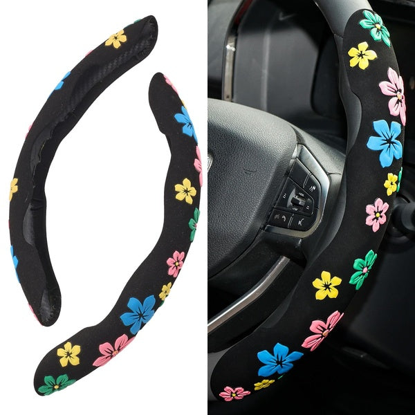 1 Pair Universal Suede Steering Wheel Cover Ultra-thin Flowers Print Anti-slip for Women Girl Car Interior Accessories