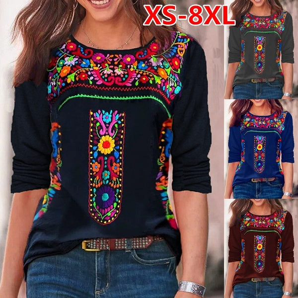XS-8XL Women's Fashion Spring Autumn Clothes Casual O-neck Long Sleeved Tops Ladies Retro Ethnic Style Floral Printed Blouses Loose T-shirts Plus Siz