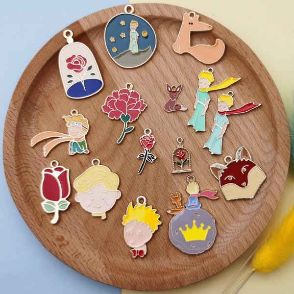 20pcs Cartoon Little Prince Fox & Roses Enamel Charms Metal Boy Flowers Pendants DIY Earring Bracelet Jewelry Accessories Girls