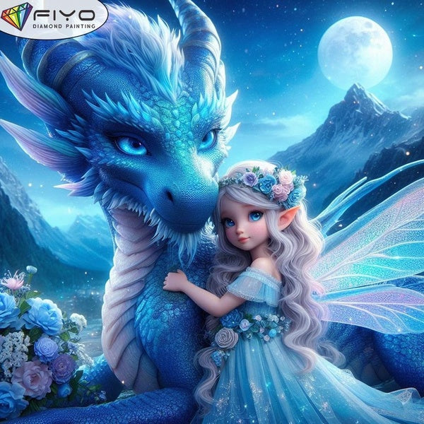 FIYO DIY 5D Dragon and Girl Diamond Painting Full Drill with Number Kits Home and Kitchen Fashion Mosaic Diamond Painting Canvas Wall Decoration Gift