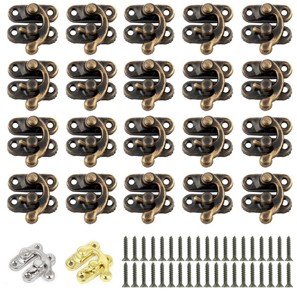 20pcs Right Latch Hook Antique Wood Jewelry Box Suitcase Latch Hasp Press Trunk Chest Swing Bag Clasp Lock with Screws, Gold-Bronze-Silver