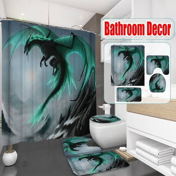 3D Green Flying Dragon Waterproof Shower Curtain 1Pcs-3Pcs-4Pcs Bathroom Decor Curtain Shower Curtain Set Rugs Toilet Lid Cover Bath Mat Door Mat