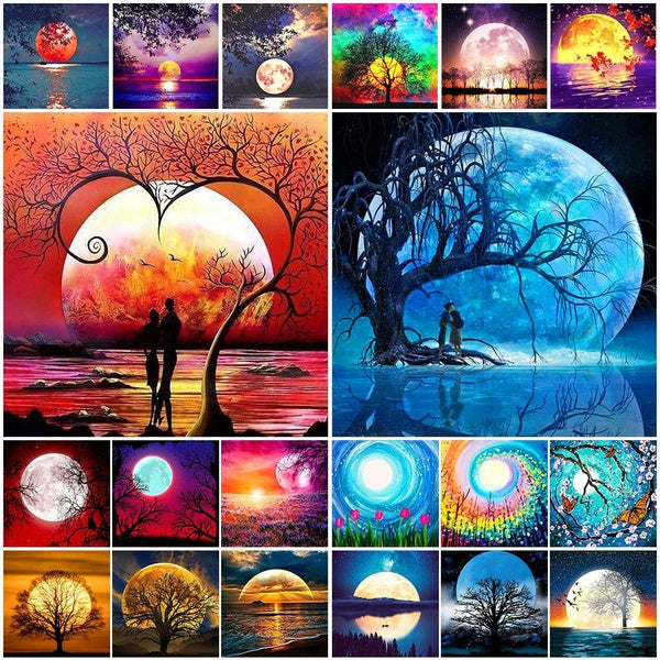 Beautiful Moon Landscape DIY 5D Diamond Painting Full Round Drill with Number Kits Home and Kitchen Fashion Crystal Rhinestone Cross Stitch Embroider