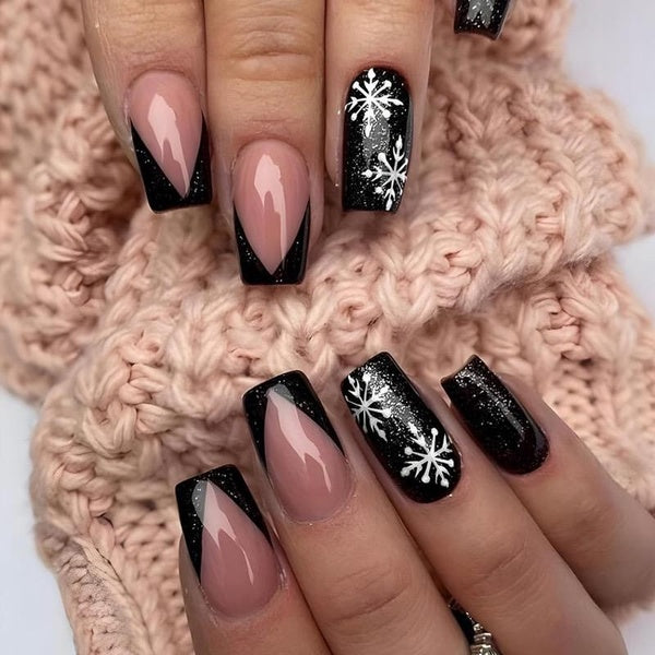 24pcs Glossy Snowflake Press on Nails Christmas Black V-Shaped French Ballerina False Nails Medium Square Glitters Acrylic False Nail Patch for Women