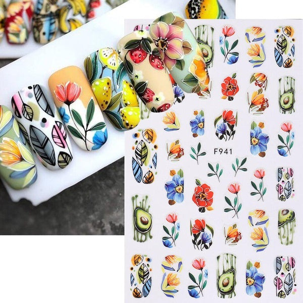 3D Color Flowers Grass Stickers for Manicure Summer Fruits Avocado Geometry Line Floral Nail Art Decorations Decals Manicure