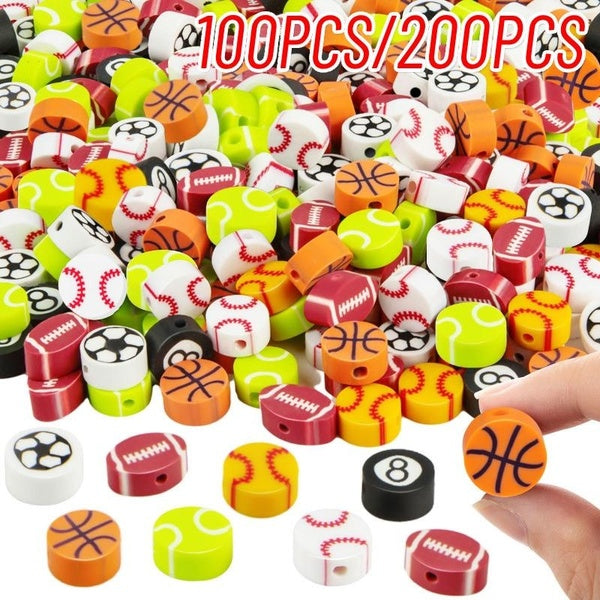 100pcs-200pcs Sports Ball Beads for Jewelry Making, Sports Polymer Clay Beads, Baseball Basketball Soccer Rugby Volleyball Football Beads for DIY Cra
