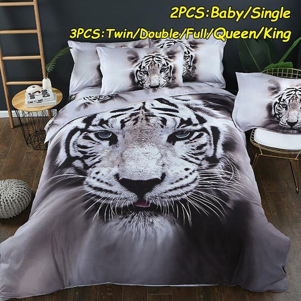 3D Animal Series Tiger Printed Bedding Set Lifelike White Tiger Duvet Cover Set Bedding Set with Tiger Bedspread and Pillowcase (Baby-Single-Twin-Dou