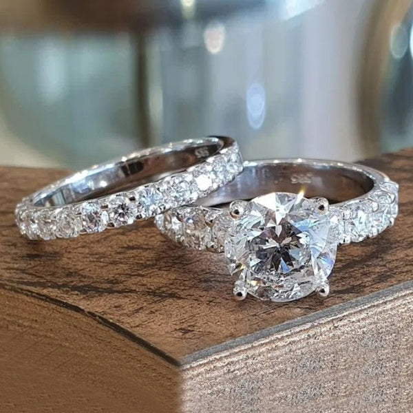 2 Pieces - Set of Fashion Luxury Silver Plated White Lab Diamond Ring Set Wedding Engagement Stackable Anniversary Jewelry Size 6-10