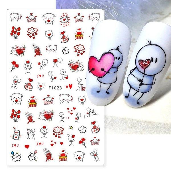Valentines Lover Nail Manicure Decal Simple Love Heart Cartoon Black Cat Bear Decoration Sticker Manicure 2024 Sweet Foils Wraps