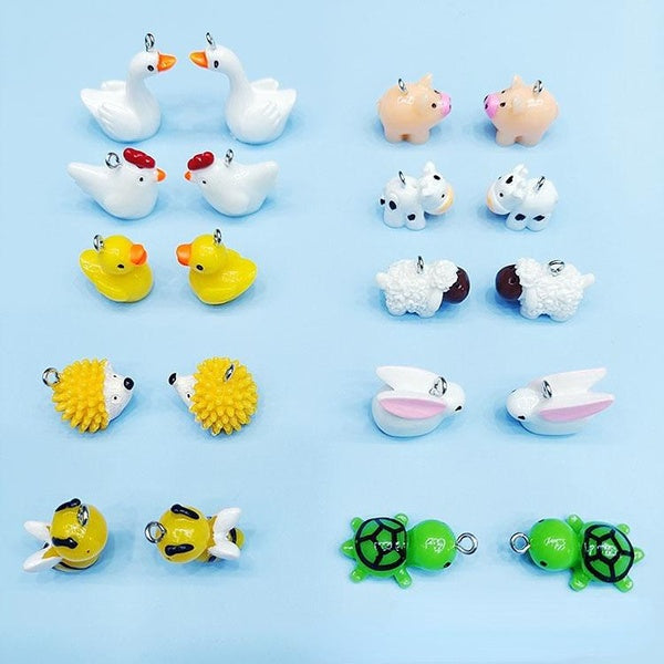 10pcs Cartoon Resin Animal Series Pendant 3D Rabbit Duck Turtle Hedgehog Pig Mushroom Charms DIY Jewelry Making Accessories