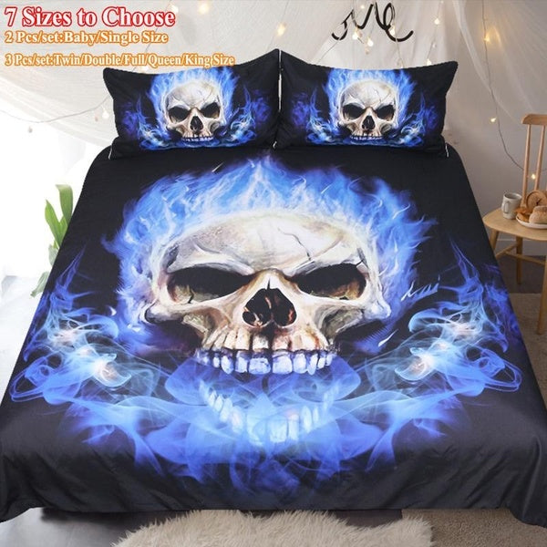2-3 Pcs Home Decor Flame Skull Bedding Set 3D Digital Printing Blue Fire Skull Duvet Cover Pillowcase Baby Single Twin Double Full Queen King Size(NO