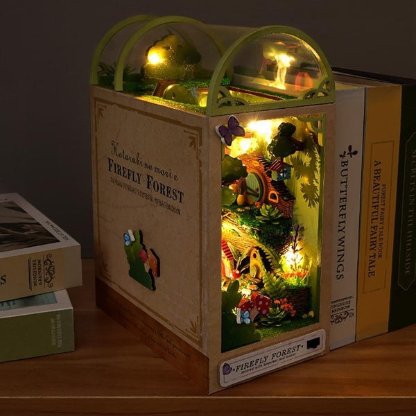 3D Jungle Hut Wooden Book Stand Puzzle DIY Dollhouse Wood Bookends Book Nook Model Building Kit with LED Light for Teens and Adults to Build-Creativi