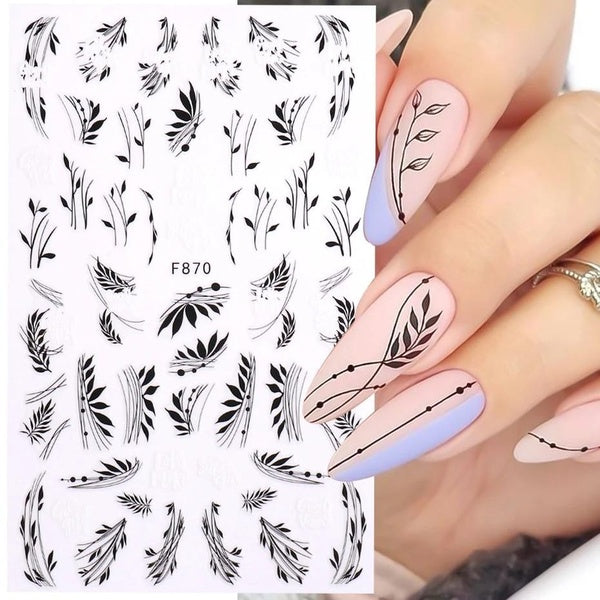 1PC Black Leaf 3D Adhesive Sticker For Nail Geometric Lines Spring Flower Leaves Butterfly Nail Decor Decal Manicure Accessories