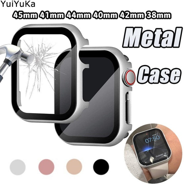 YuiYuKa Tempered Glass with Metal Cover Case for Apple Watch 9 8 7 SE 6 41mm 45mm 44mm 40mm 42mm 38mm Film Aluminum Screen Protector Accessories for