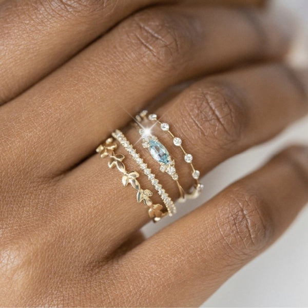 Princess exquisite 4pcs - set bride wedding accessories jewelry lady 18K pure gold natural aquamarine engagement ring set promise wife Valentine's Da