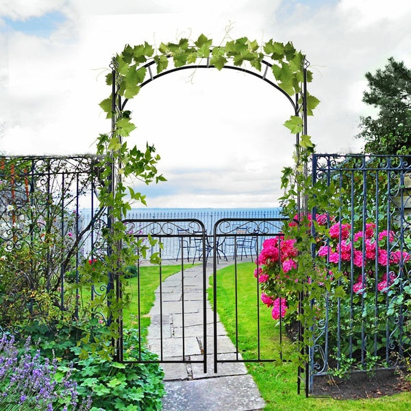 2.1M-85" Metal Garden Arbor Arch with Gate, Backyard Decor Climbing Planter