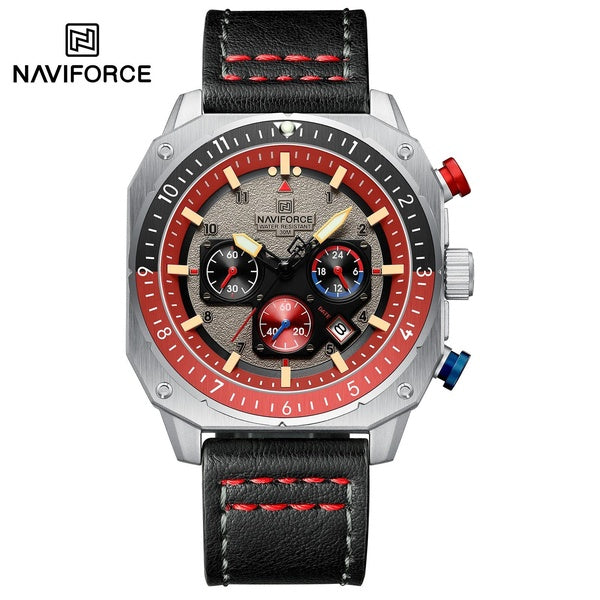 NAVIFORCE 8057 Montre-bracelet à quartz pour homme, mode, loisirs, sport, étanche, date, pointeur lumineux, bracelet en cuir, boîtier en alliage de z