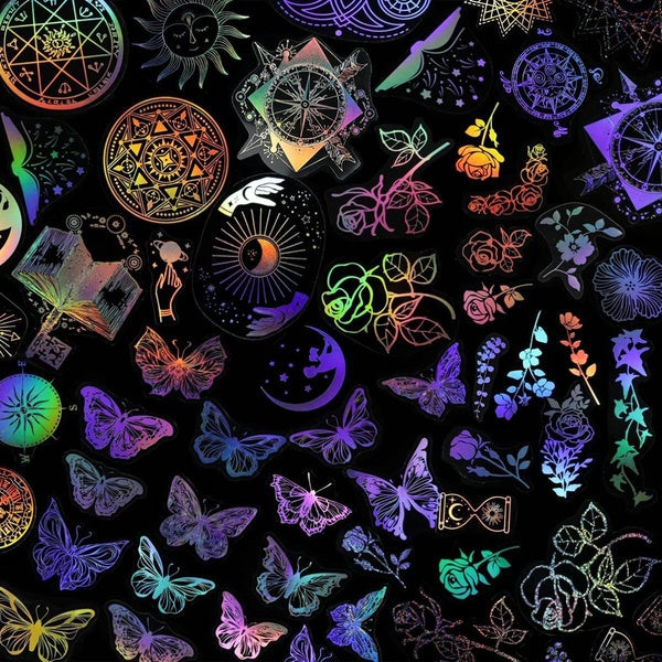 （7 styles）Holographic Glitter Magic Stickers Vintage Sticker Decorative PET Transparent Stickers Decals Self-Adhesive Waterproof Stickers Label for S