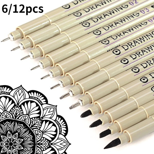 Micro Fineliner Drawing Art Pens: 6-12 Black Fine Line Waterproof Ink Set Artist Supplies Archival Inking Markers Pigment Liner Point Journaling Sket