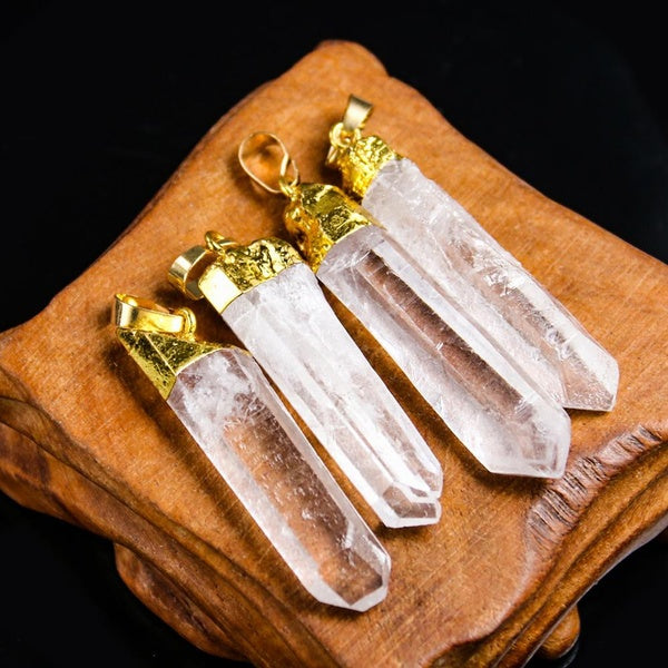 1pc naturel minéral cristal dent bâton pendentif pendule colonne prisme or étain soudure guérison blanc Transparent Quartz collier