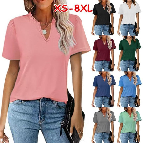 XS-8XL Women Summer Tops Plus Size Fashion Clothes Casual Short Sleeve Tops Solid Color Blouses Ladies Ruffle V-neck Pullover Tops Cotton Loose T-shi