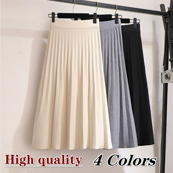 Women's Fashion Casual Elegant Elastic Waist Midi Pleated Knitted Skirt Women Autumn Winter Korean Knee Length a Line High Waist Skirt Female Ladies
