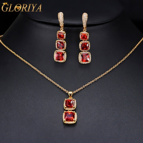 Gloriya Parure de collier et boucles d'oreilles en cristal rouge éblouissant de taille carrée avec de minuscules CZ plaqué or 585, charmants ensemble