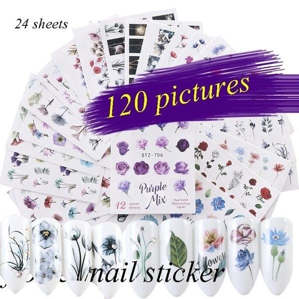 24sheets-120Popular Pictures Watercolor Floral Flower Nail Stickers Cute Flamingo Dandelion Nail Art Decals Set Manicure Decorations
