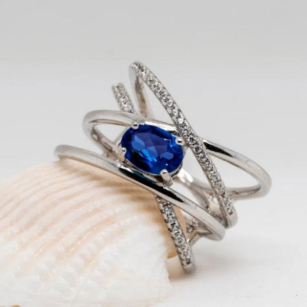 Trendy Multilayer Intertwined 925 Sterling Silver Blue Sapphire Rings for Women Bridal Wedding Gemstone Rings Jewelry