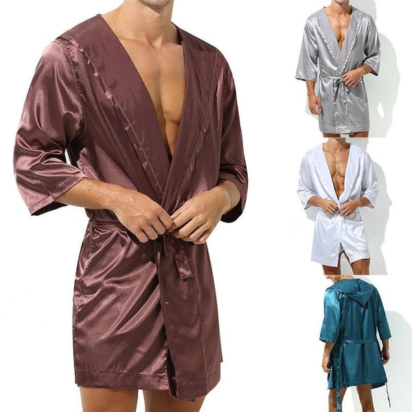 Men's Bathrobe Silk Short Sleeves Robe Pajamas Men Gown Bathrobe Homewear Sleepwear(No shorts)